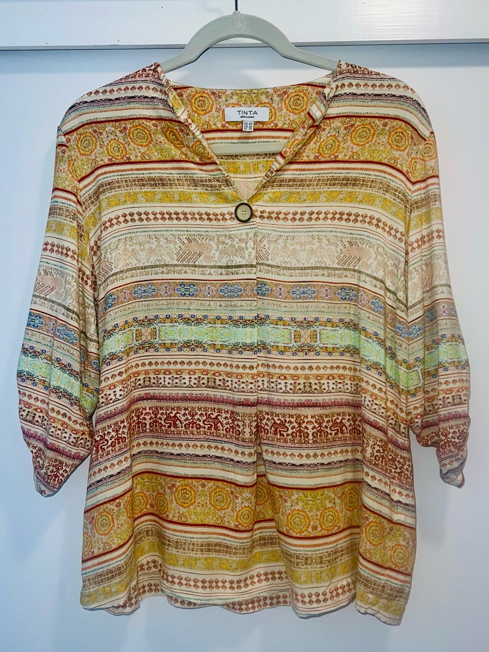 💛Tinta Boutique Boho Stripe V-Neck 3/4 Sleeve Top Blouse • Made in Spain
